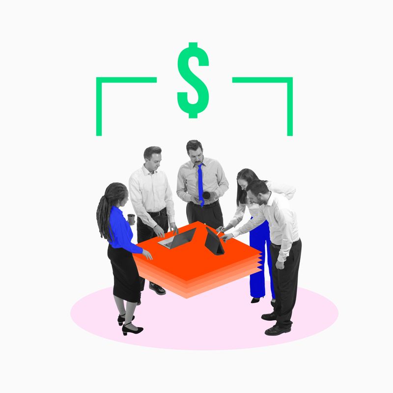 Business team discussing financial strategies, gathered around vibrant orange table with laptops against white background. Conceptual art collage. Concept of banking, business, finances, collaboration