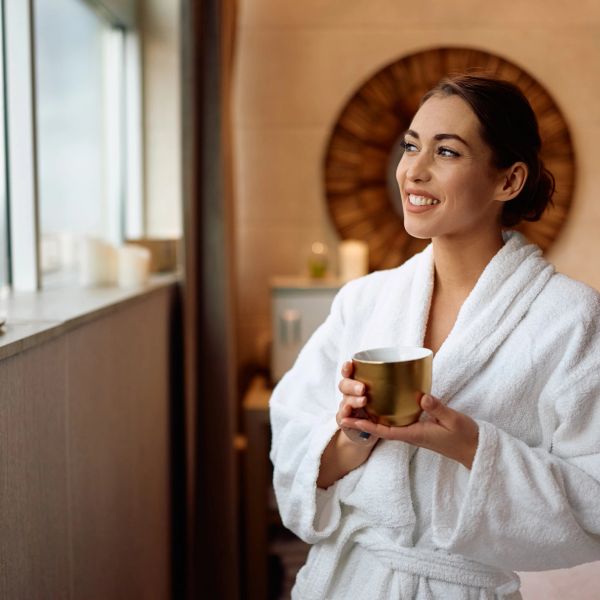 Woman in bathrobe holding a cup and looking out of a window.