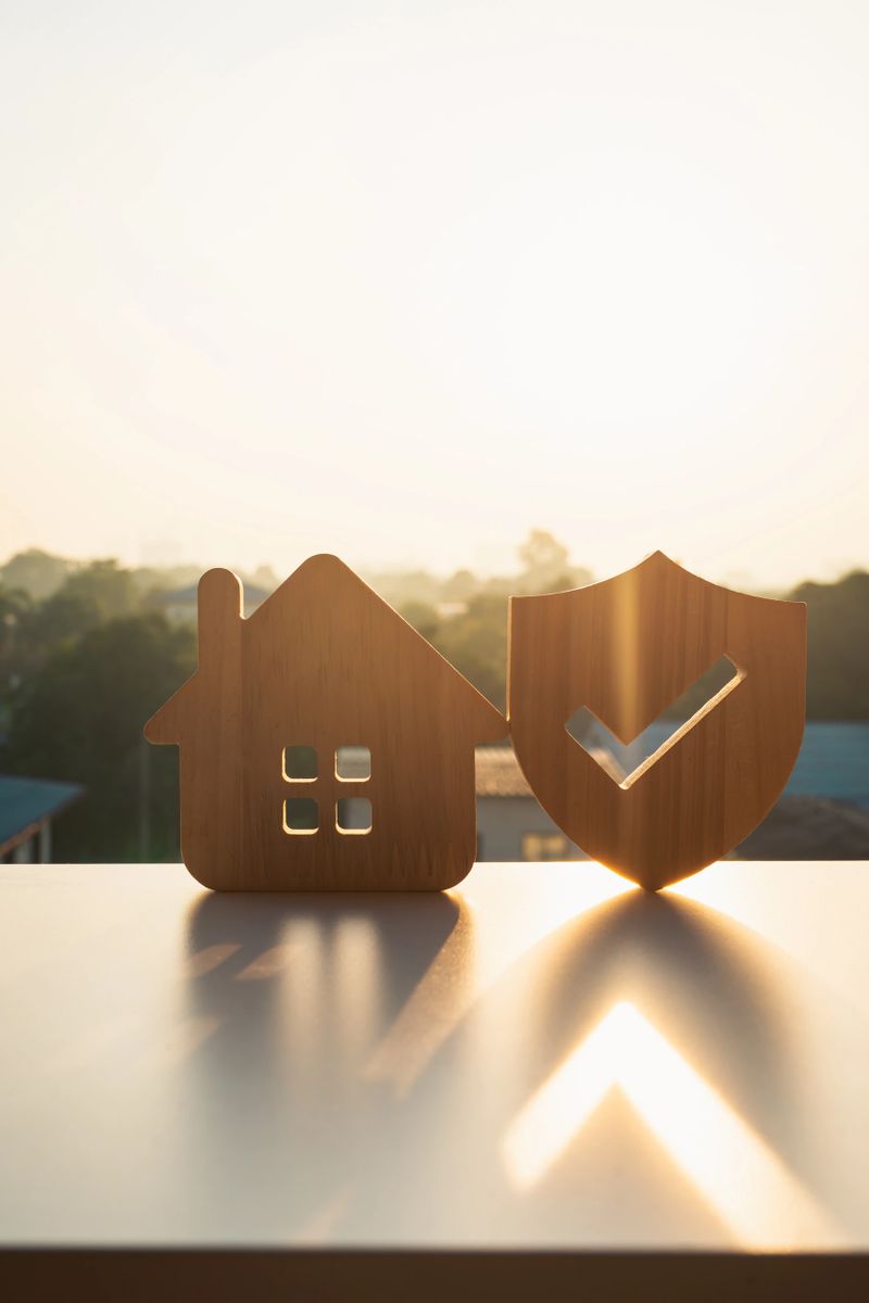 Wooden house model and real estate insurance ideas, and small shield icon. Housing insurance against impending loss and fire, building fire insurance concepts.