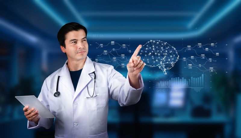 A doctor engages with advanced digital brain technology in a high-tech healthcare setting, illustrating the fusion of medicine and innovation for improved patient care. PHMT
