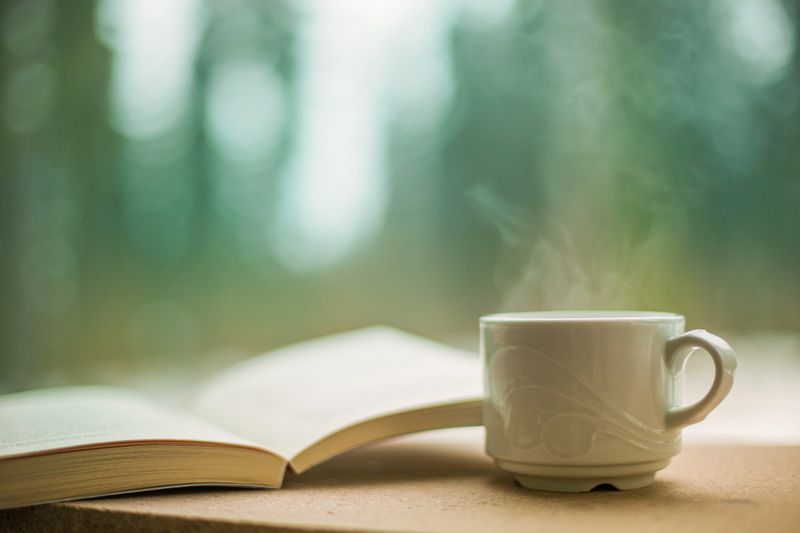 White coffee cup and an open book on a balcony with evergreen woods as a background, in the morning.
