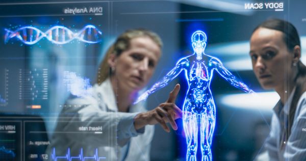 Scientists analyze a digital human body scan with DNA data and vital signs.