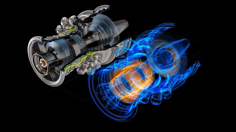 Innovative 3D Turbine Engine Concept Integrates Physical and Digital Elements. Advanced Green Energy Technology and Engineering Concepts for Clean Future