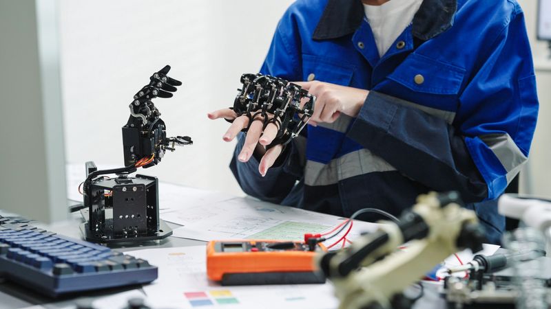 Close up  engineer developer in robotics arm prototype demonstrating a practical robotics in human-machine interaction controller and Checking Robotic parts  Hardware and applied software