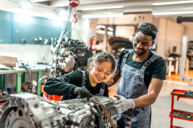 Two smiling auto mechanics collaborating, assembling a car engine part in a professional workshop