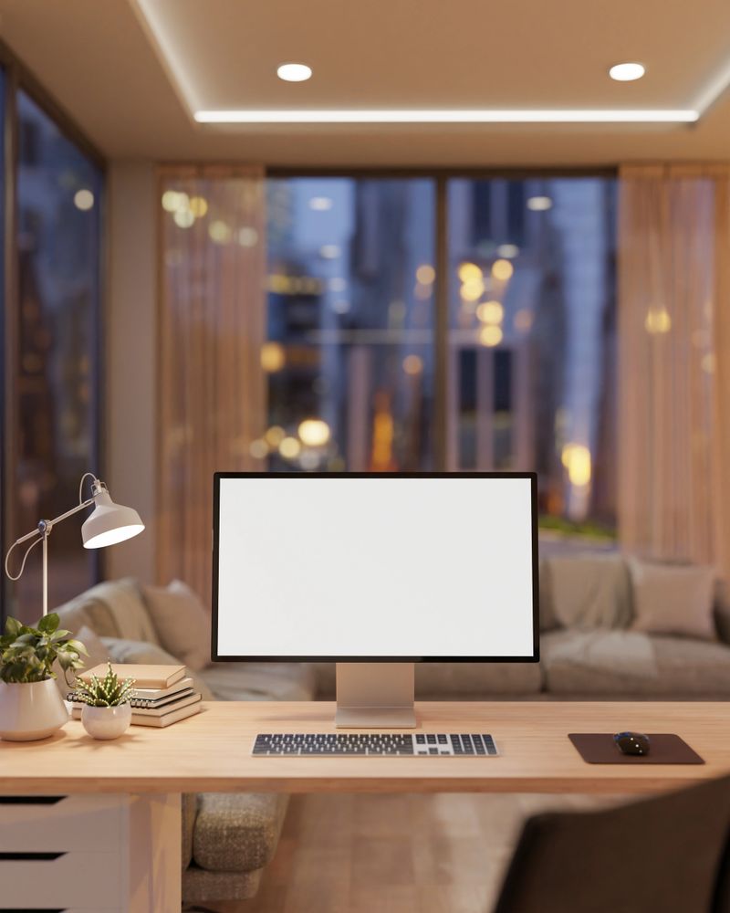 A computer desk in a contemporary luxurious living room features a computer with a white screen mockup and decor placed on a wooden desk. 3d render, 3d illustration