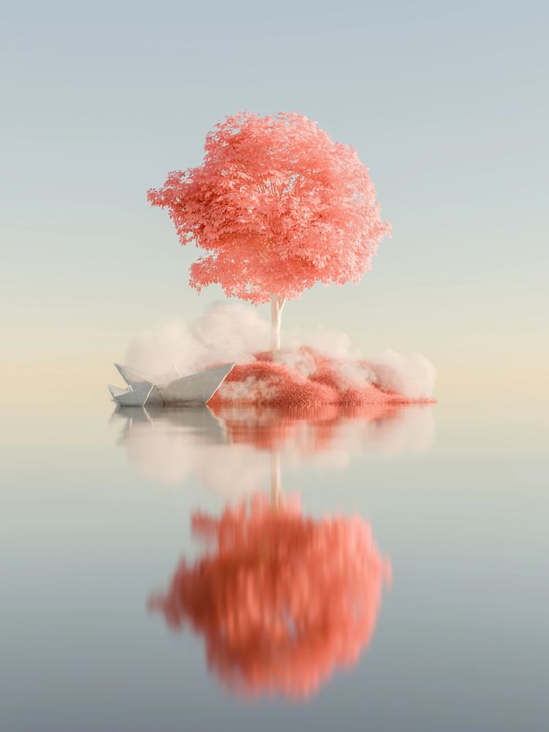 Pink Tree on a Floating Island in a Calm Water