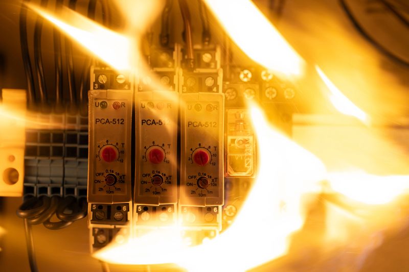 Close up of electrical components with a dramatic overlay of flames creating a dynamic and fiery effect
