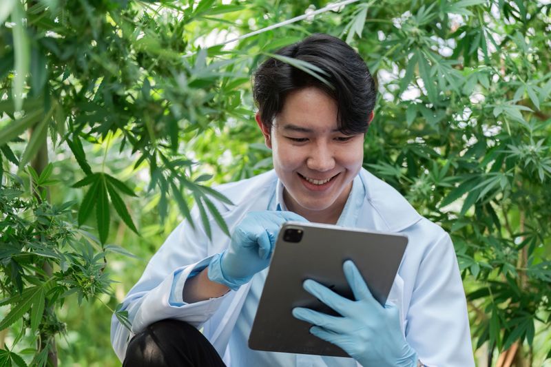 Agricultural scientist in a greenhouse using a tablet for research and data collection among vibrant green plants.