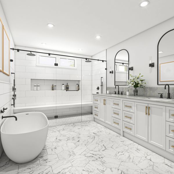 Modern white bathroom with dual sinks, freestanding tub, and glass shower enclosure.