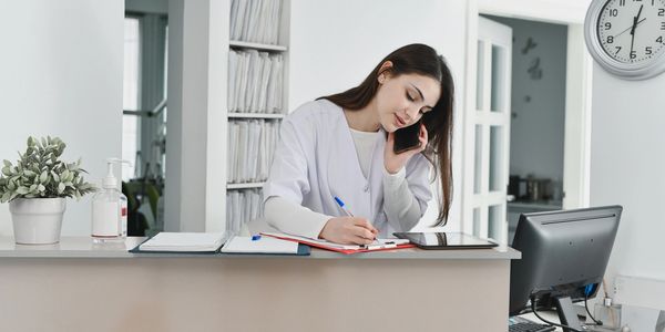 A medical receptionist multitasking with phone and paperwork at the front desk.