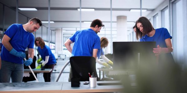 Team of janitors cleaning an office space.