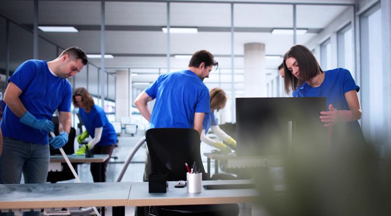 Diverse cleaning team provides professional janitor services in office photos.