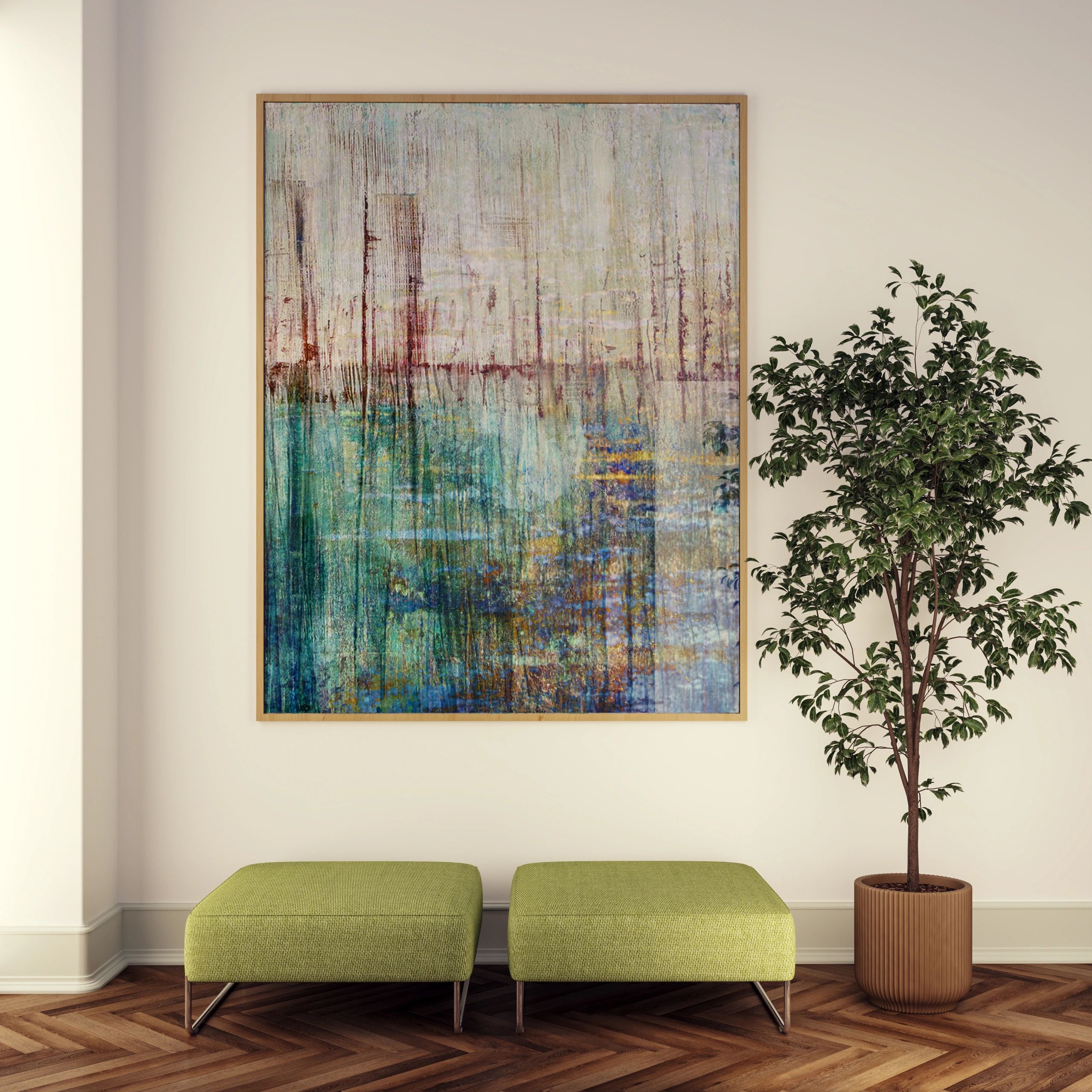 Abstract painting on wall with green ottomans and a potted plant.