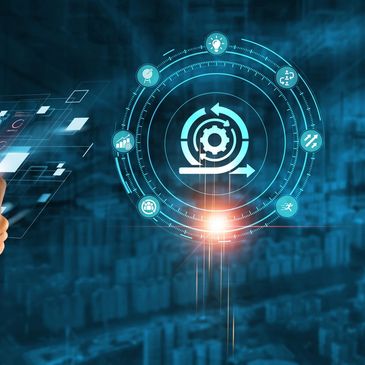 Businessman using futuristic digital interface with agile project management icons.