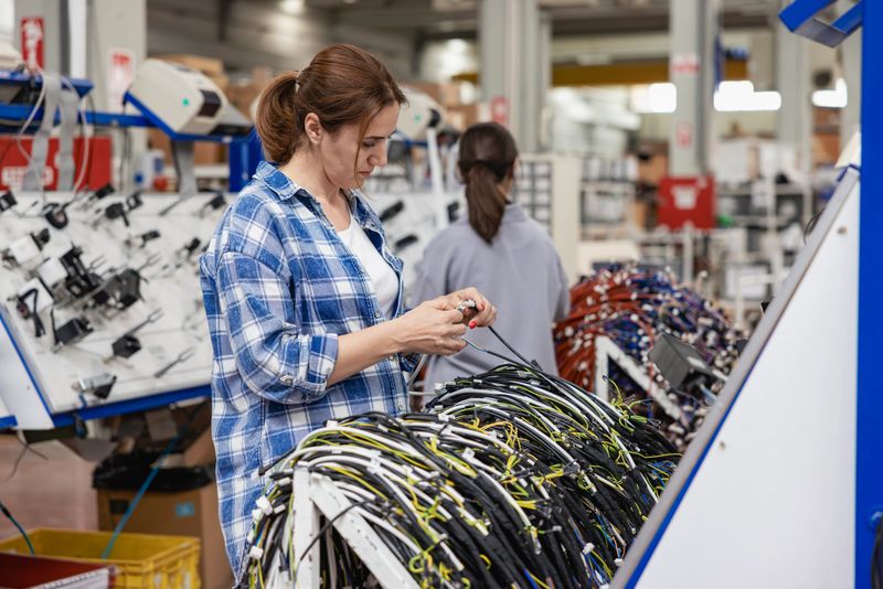 Professional young industrial factory woman employee working with machine parts putting, checking and testing industrial equipments cables in large Electric electronics wire and cable manufacturing plant factory.