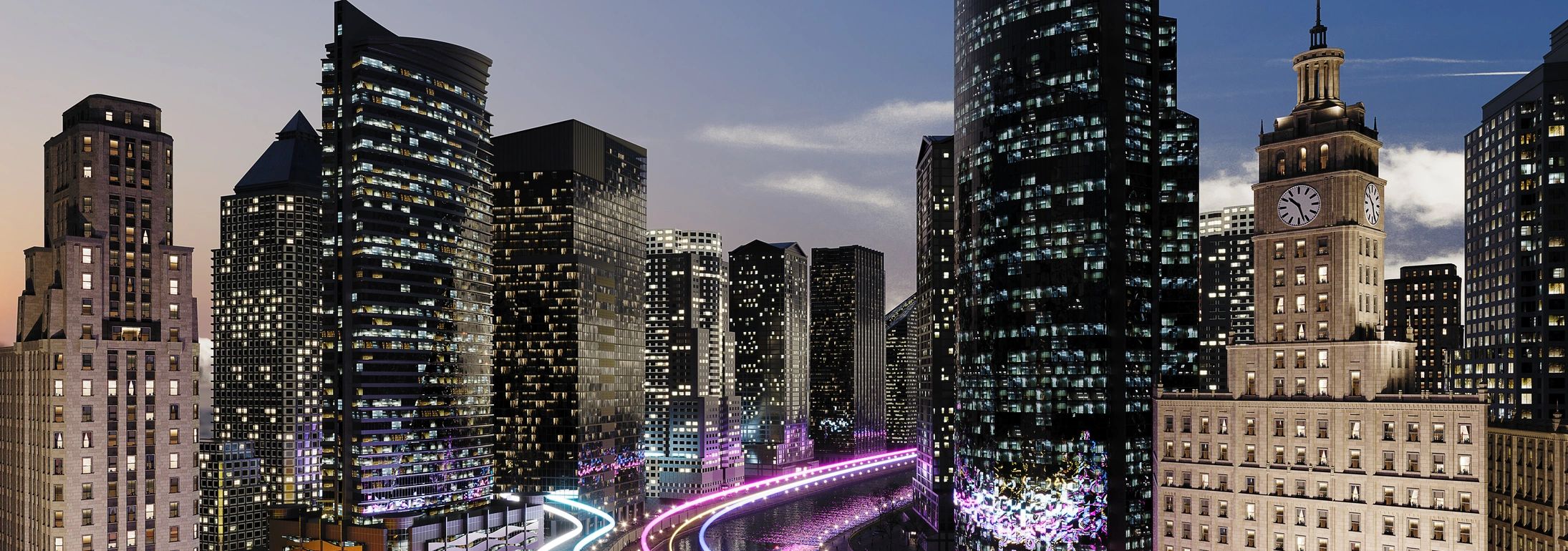 A futuristic cityscape at dusk with illuminated skyscrapers and a glowing neon river.