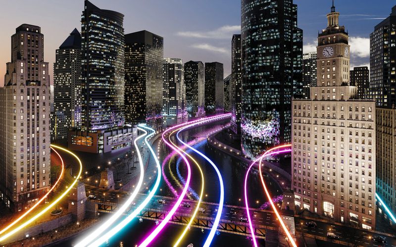 Glowing light trails surround the smart city. (3d render)