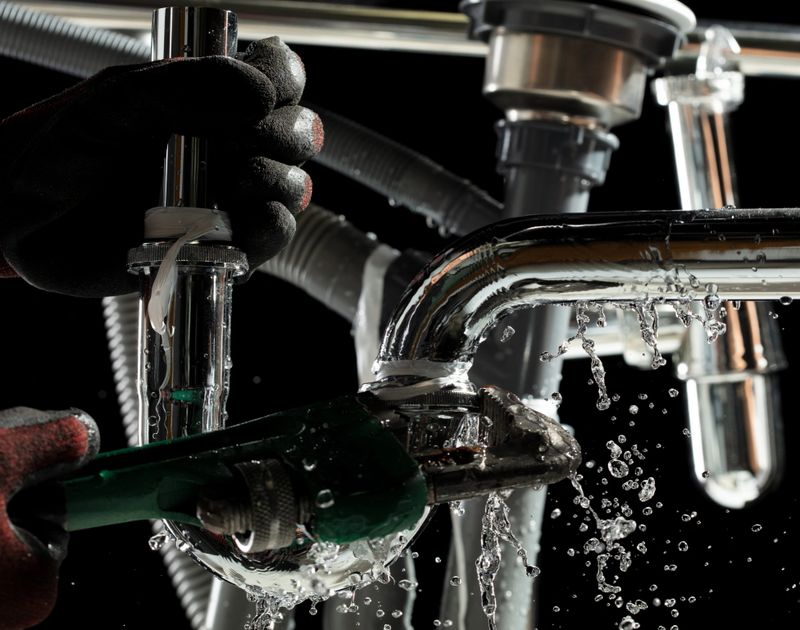 Plumber used wrench to tighten loose nut on water drain pipe under kitchen sink. Hand glove hold special tool to reach the leak behind wall and tighten to stop water leak