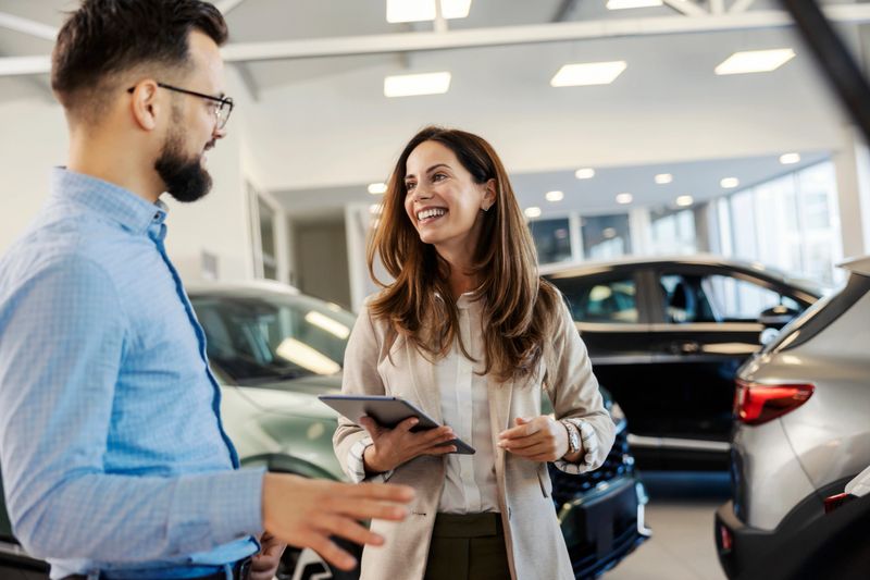 Friendly female car dealer standing at fancy car showroom and having consultations with a customer.
