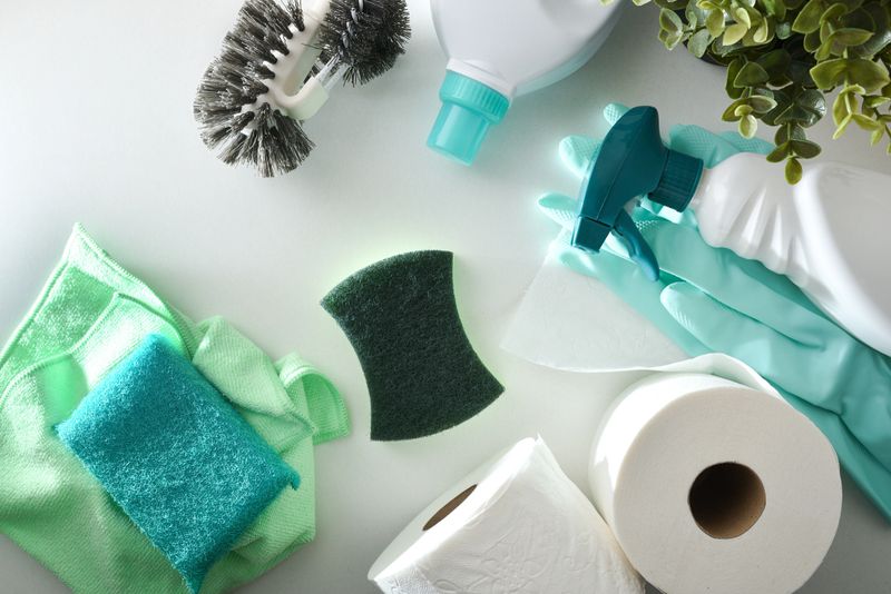Bathroom cleaning supplies such as disinfectant bottles, scouring pads, gloves, toilet brush and toilet paper on white wooden table. Top view.
