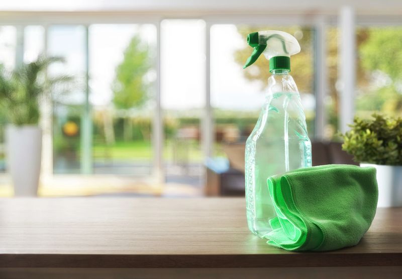 Spray bottle with general household cleaning product and green microfiber cloth on wooden table and living room background in a house with glass windows and a garden in the background. Front view.