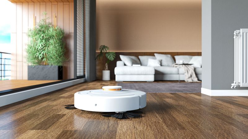 Automated Cleaning Robot Vacuum in a Modern Living Room. 3D Render
