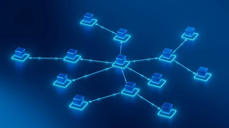 A 3D digital illustration of a glowing blue network diagram, representing business workflow, data exchange, decentralized systems, and digital communication in a futuristic style.