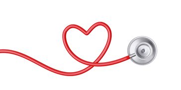 Red stethoscope shaped into a heart on white background.