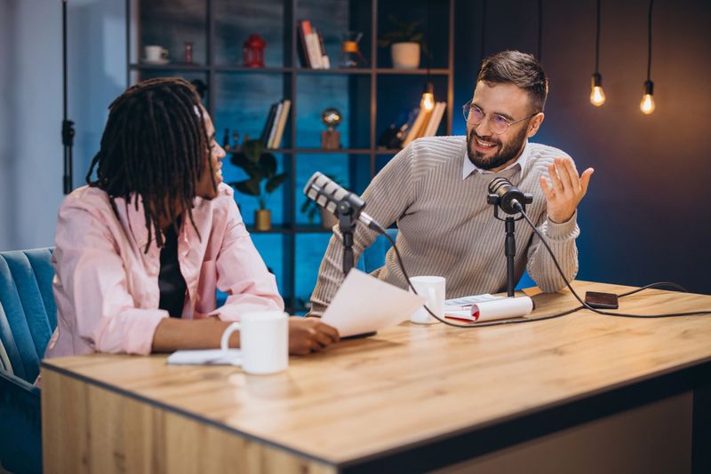 Two podcasters are recording an episode, engaging in conversation and sharing their insights with microphones and scripts on the table
