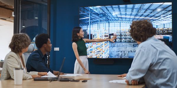 Business team discussing warehouse operations in a meeting room.
