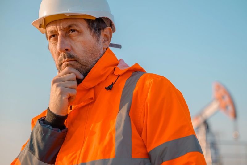 Drilling rig engineer supervising the process of oil and gas extraction, monitoring  oil pump performance in field, selective focus