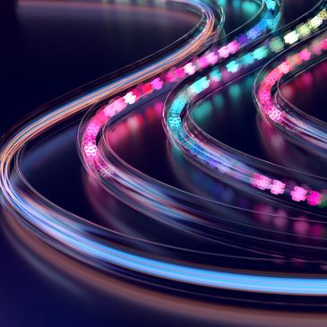 Close-up of colorful LED fiber optic cables.