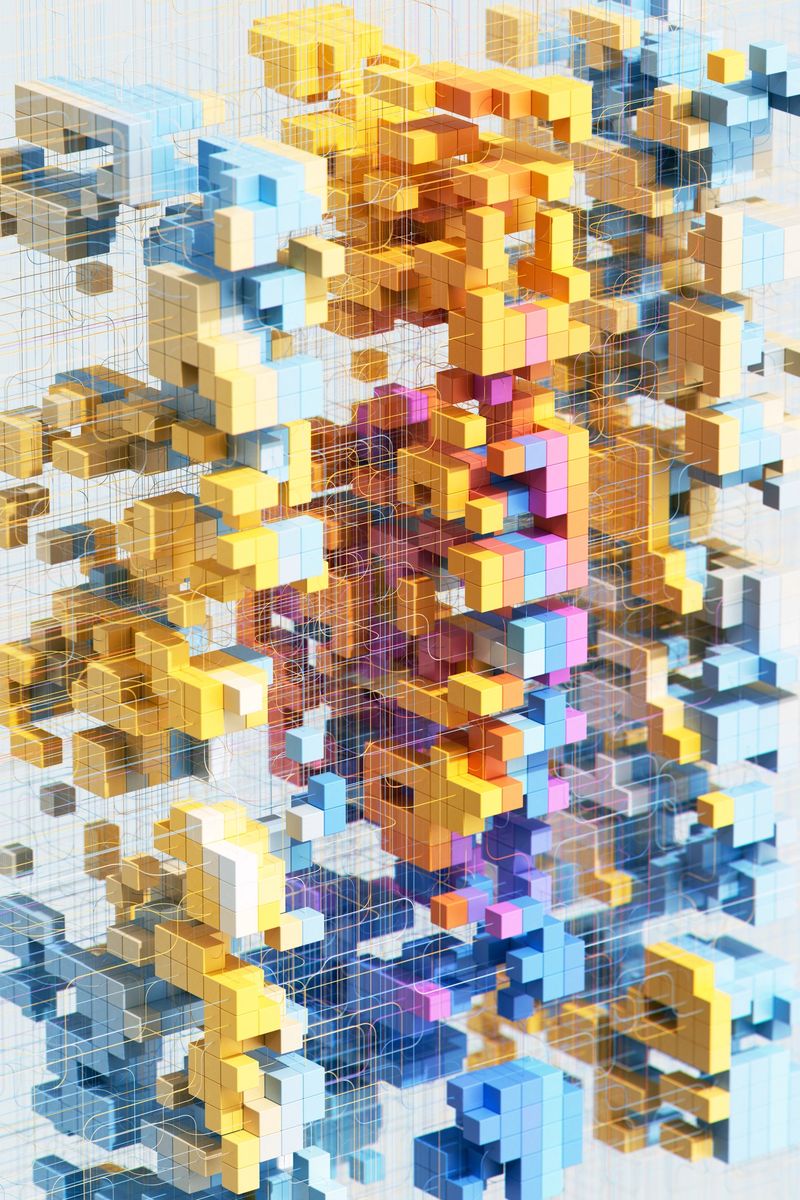 Colorful cubes interconnected, representing data flow and processing, symbolizing the complex networks of artificial intelligence and machine learning