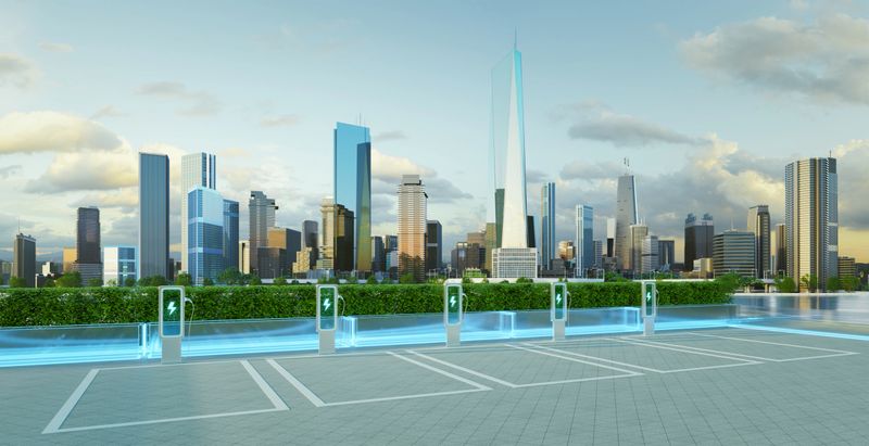 Electric vehicle charging station showing charging power with a futuristic city skyline in the background. 3D rendering
