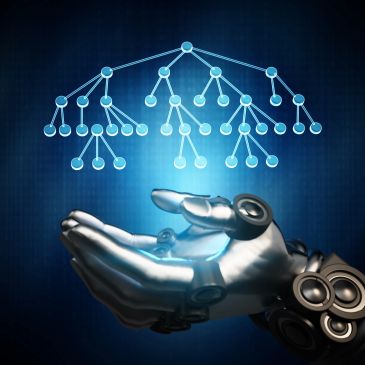 Robotic hand supporting a glowing neural network or decision tree.