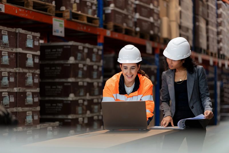 Diverse warehouse team analyzing stock data on a digital tablet. African manager and Middle Eastern employee collaborate on inventory management, logistics planning, and operational efficiency in a modern distribution center.