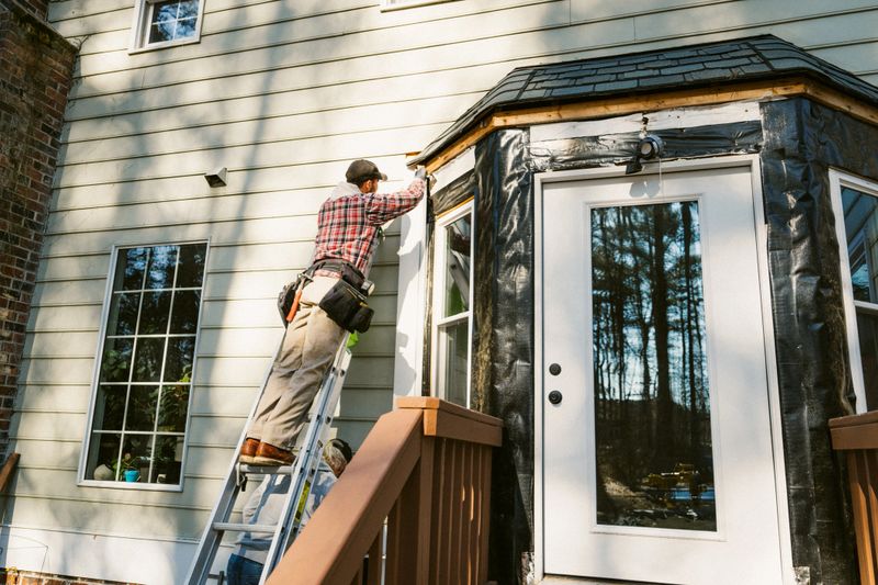 Father and son repair the siding of a colonial style house