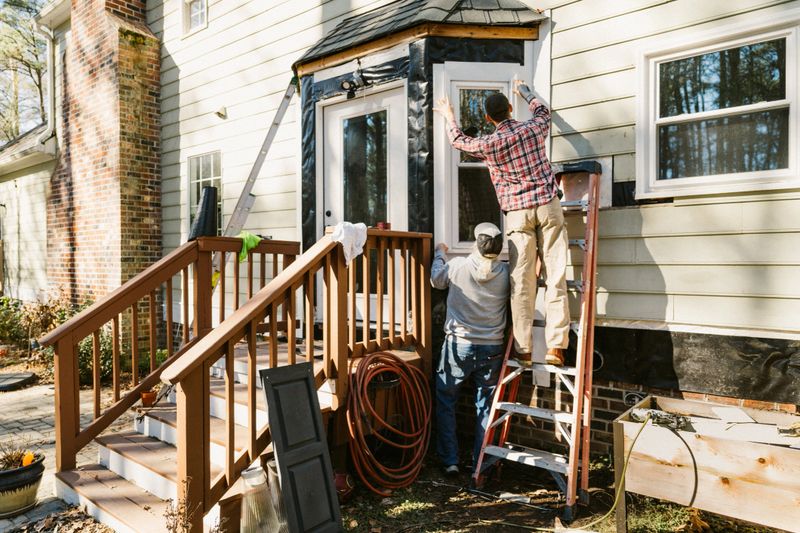 Father and son repair the siding of a colonial style house