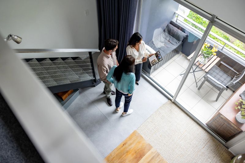 Real estate agent showing a house for sale to a couple and looking at images on a tablet  -home ownership concepts