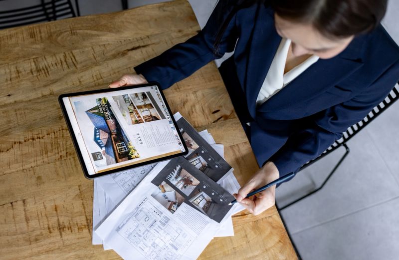 High angle view of a real estate agent preparing for an open house and organizing brochures while smiling