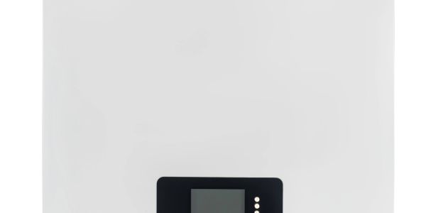 Modern white boiler with digital control panel on wall.