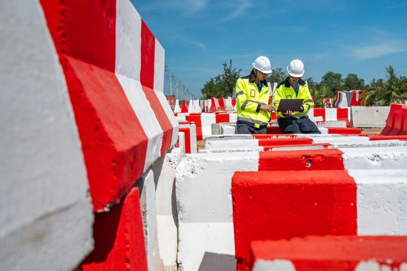 Two engineers wearing high visibility jackets discuss construction progress near concrete barricades on-site. One holds a laptop, symbolizing modern planning and collaboration in civil engineering.