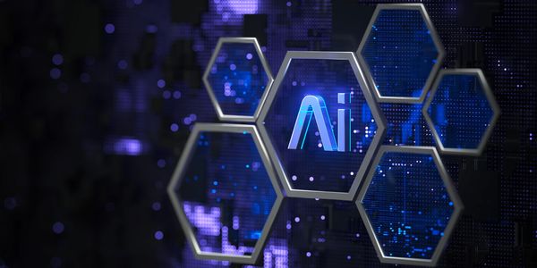 Hexagonal frames highlighting a glowing AI symbol against a digital blue-purple background.
