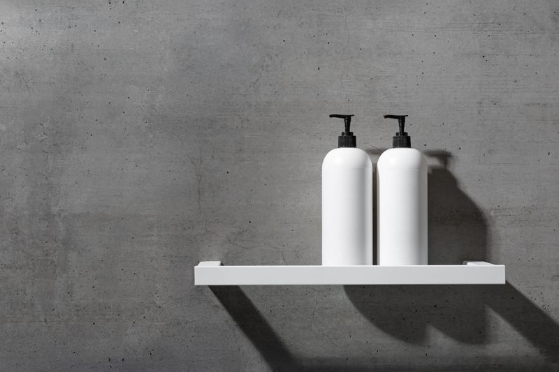 Two minimalist white bottles with black pump caps on white shelf against textured gray concrete background. Neutral tones minimalist interior design bathroom. Skincare, body care, beauty products