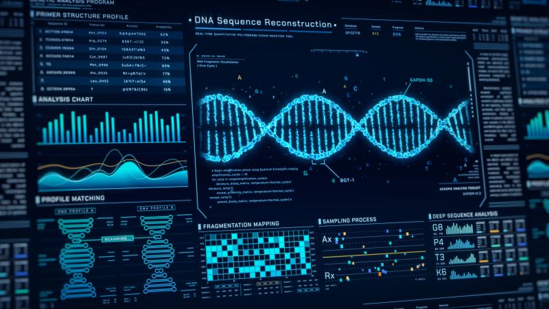 DNA Helix analysis visualization data, genome sequence ui screen, futuristic genetic engineering lab infographic interface, 3D biotechnology scan report dashboard, medical science technology backgound