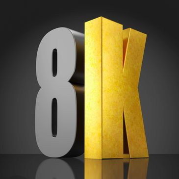 3D rendering of '8K' text with metallic and golden textures.
