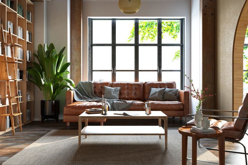 Modern Living Room Interior With Leather Sofa and Bookshelf. 3D Render