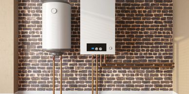Modern white water heater and boiler mounted on a brick wall with copper pipes.