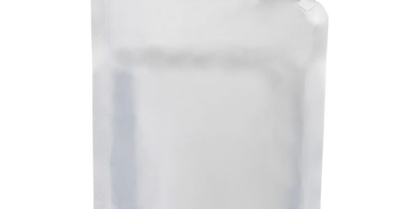 A clear, resealable plastic pouch with a spout on a white background.